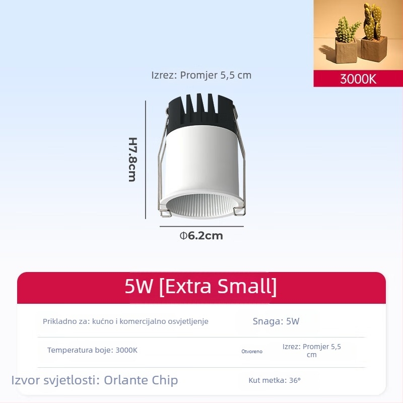 Ugrađeni COB spot za strop dnevnog boravka, aluminijsko kućište, 220V, CRI ≥95, prekidač na tipku