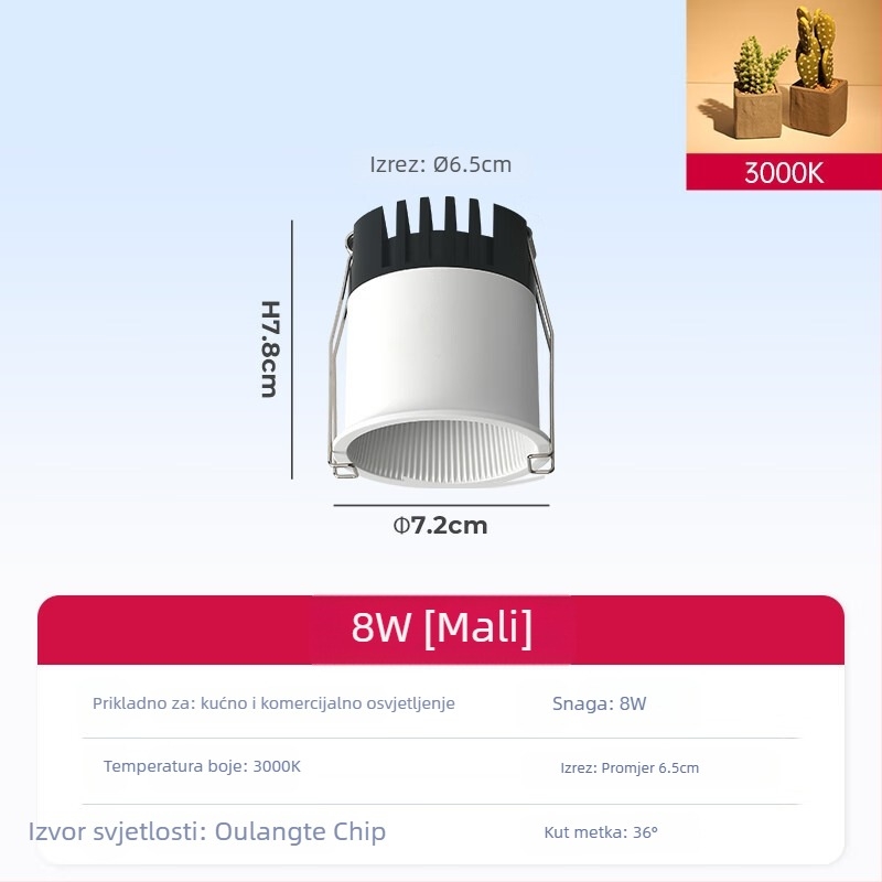 Ugrađeni COB spot za strop dnevnog boravka, aluminijsko kućište, 220V, CRI ≥95, prekidač na tipku