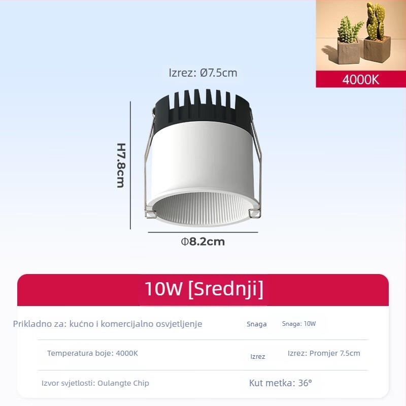 Ugrađeni COB spot za strop dnevnog boravka, aluminijsko kućište, 220V, CRI ≥95, prekidač na tipku
