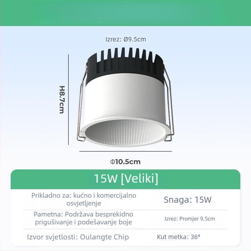 Ugrađeni COB spot za strop dnevnog boravka, aluminijsko kućište, 220V, CRI ≥95, prekidač na tipku