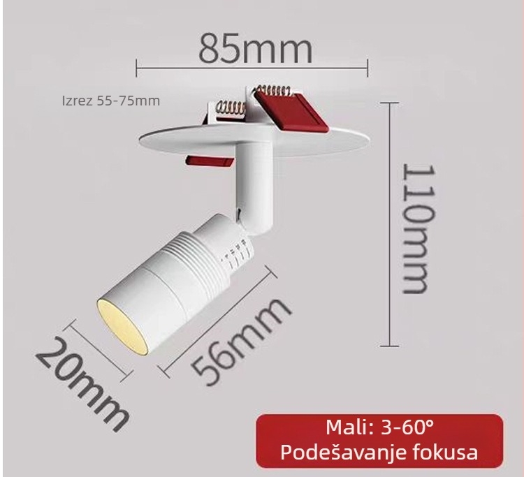 Ugrađena LED fokusna spot svjetiljka, podesivi snop 3–60°, PD363, 220V, aluminijsko kućište