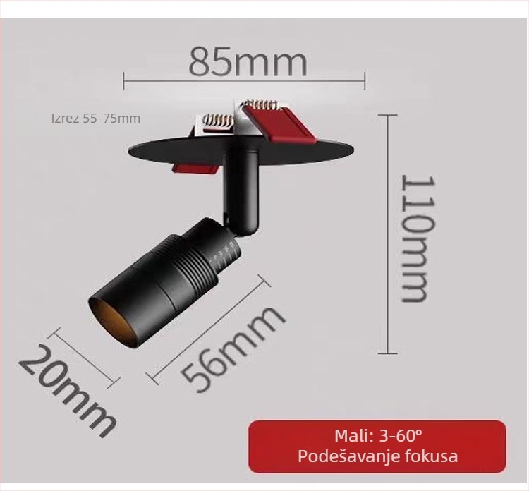 Ugrađena LED fokusna spot svjetiljka, podesivi snop 3–60°, PD363, 220V, aluminijsko kućište