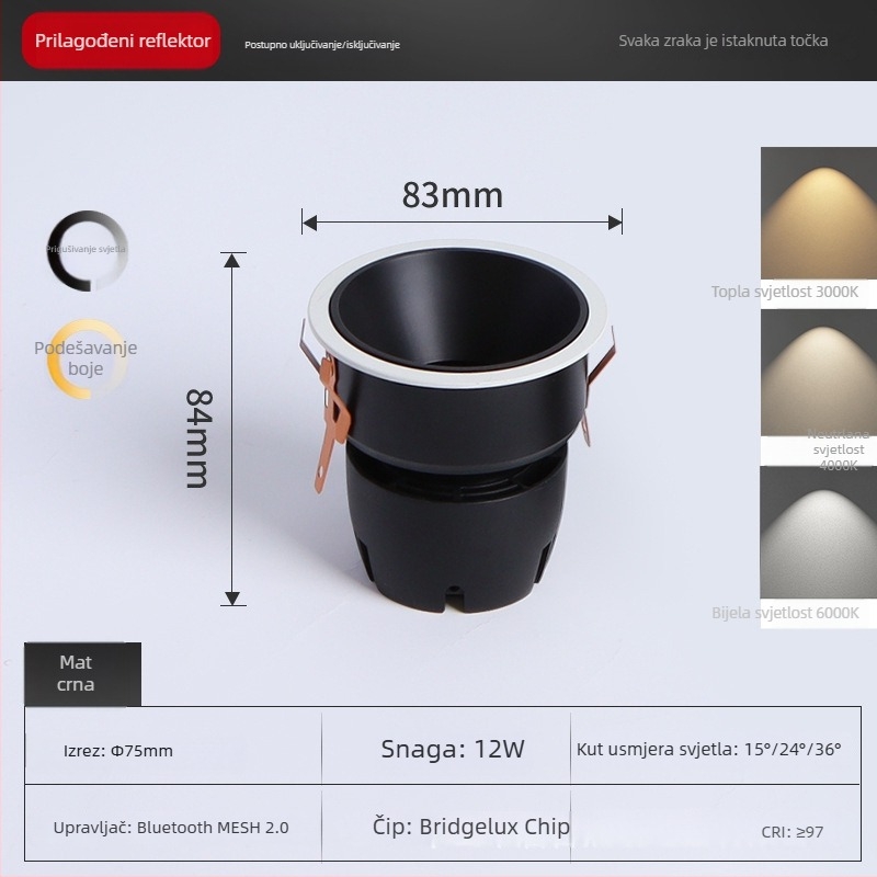 LED tubasti reflektor sa Smart Bluetooth MESH2.0, zaštita očiju, ugrađeni COB, 220V, CRI ≥95, kontinuirano podešavanje svjetla i boje, aluminijsko kućište