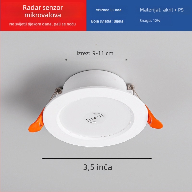 LED downlight s inteligentnim radarom za otkrivanje pokreta i upravljanje svjetlom - LED izvor, napon ≤36V, CRI 80–89, skrivena montaža