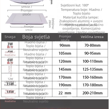 Ultra-tanki LED downlight ugrađen u panel s aluminijskim kućištem, 220V, 6500K, vijek trajanja 30.000 h