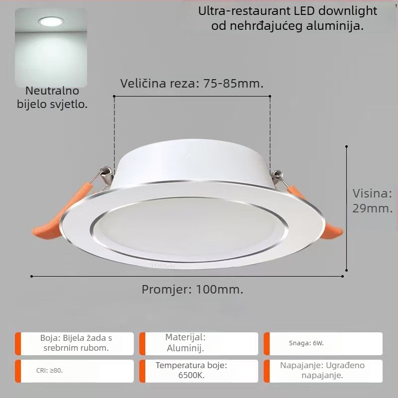LED downlight za plafon – ultra-tanki aluminijski kućište, skrivena ugradnja, 6500K dnevna svjetlost, 220V, CRI 70–79