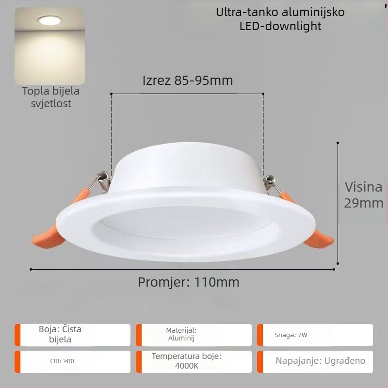 LED downlight za plafon – ultra-tanki aluminijski kućište, skrivena ugradnja, 6500K dnevna svjetlost, 220V, CRI 70–79