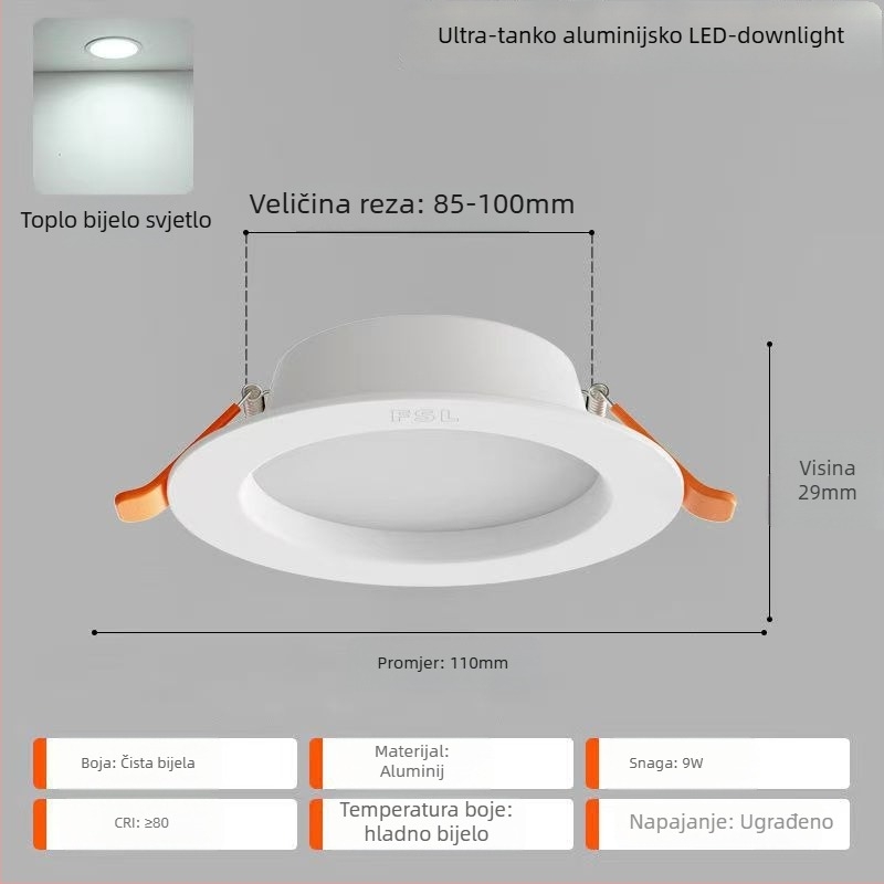 LED downlight za plafon – ultra-tanki aluminijski kućište, skrivena ugradnja, 6500K dnevna svjetlost, 220V, CRI 70–79