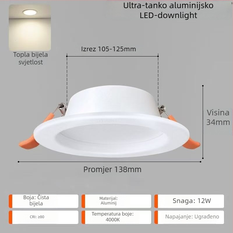 LED downlight za plafon – ultra-tanki aluminijski kućište, skrivena ugradnja, 6500K dnevna svjetlost, 220V, CRI 70–79