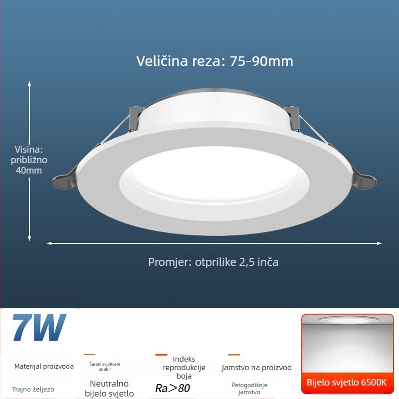 LED downlight za plafon, 7W/9W/12W, skrivena ugradnja, 220V, 3000K/4000K/6500K, CRI 70–79, Qianhua