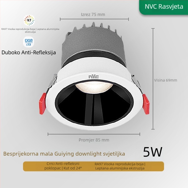 RA97 anti-sjaj LED usmjereno svjetlo ugrađeno u strop, CRI≥95, 220V, aluminijsko kućište, NVC, moderan minimalistički stil
