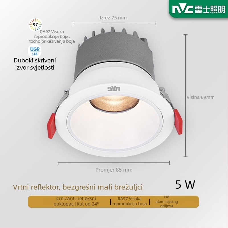 RA97 anti-sjaj LED usmjereno svjetlo ugrađeno u strop, CRI≥95, 220V, aluminijsko kućište, NVC, moderan minimalistički stil