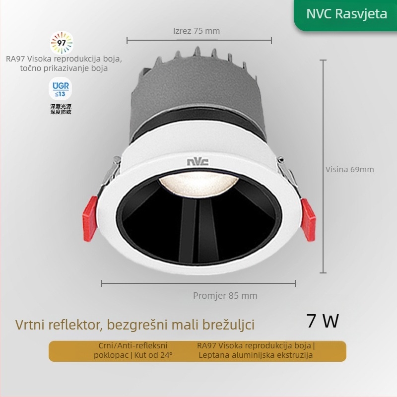 RA97 anti-sjaj LED usmjereno svjetlo ugrađeno u strop, CRI≥95, 220V, aluminijsko kućište, NVC, moderan minimalistički stil