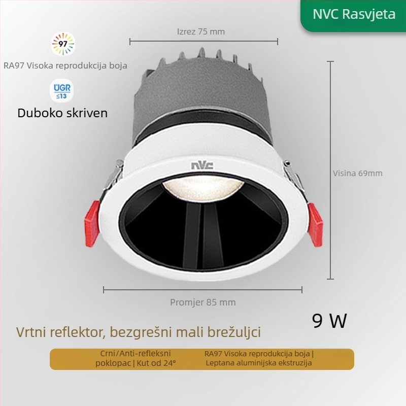 RA97 anti-sjaj LED usmjereno svjetlo ugrađeno u strop, CRI≥95, 220V, aluminijsko kućište, NVC, moderan minimalistički stil