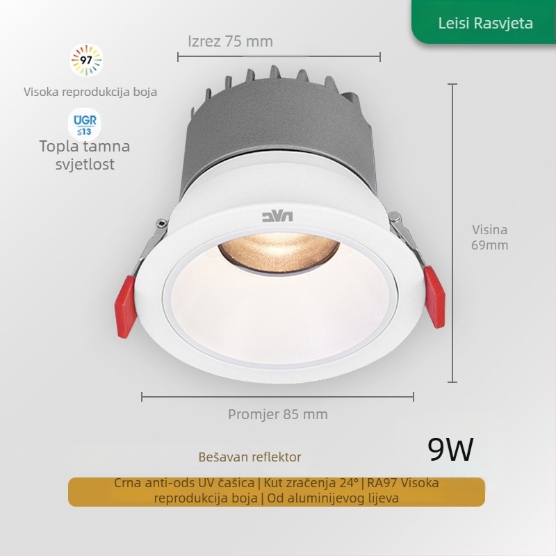 RA97 anti-sjaj LED usmjereno svjetlo ugrađeno u strop, CRI≥95, 220V, aluminijsko kućište, NVC, moderan minimalistički stil