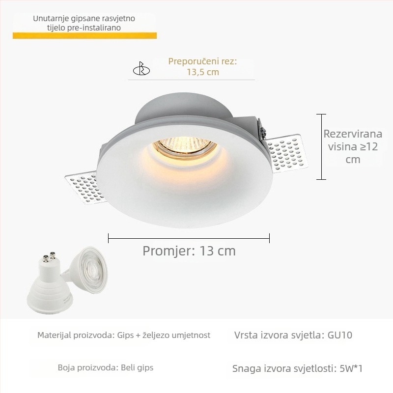GU10 LED downlight od gipsa, ugrađen u plafon, 6-10W, 220V, trobojno dimmiranje (3000K/4000K/6000K), CRI ≥90, skrivena instalacija