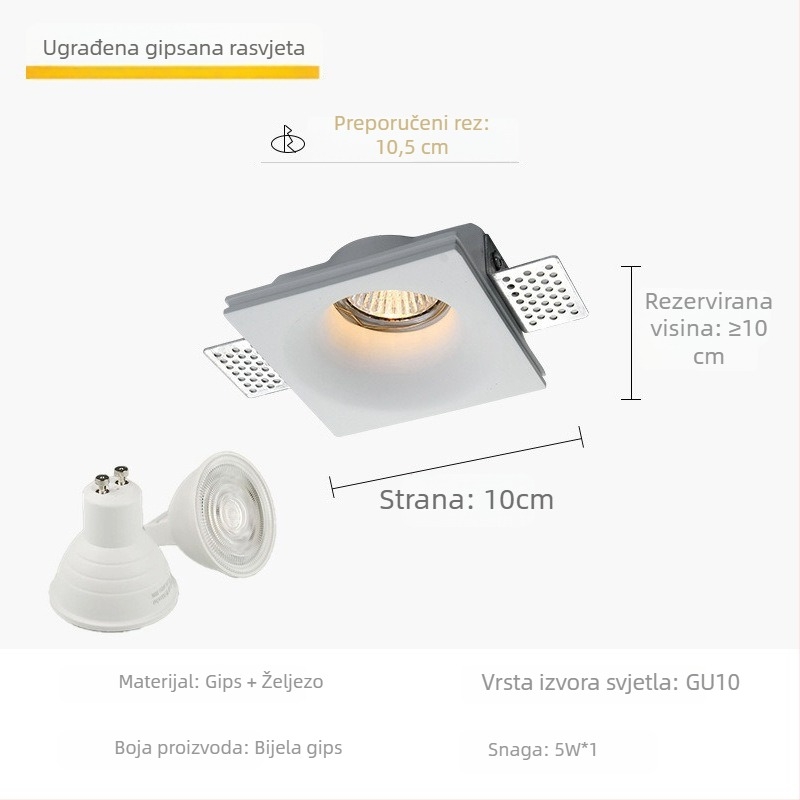 GU10 LED downlight od gipsa, ugrađen u plafon, 6-10W, 220V, trobojno dimmiranje (3000K/4000K/6000K), CRI ≥90, skrivena instalacija