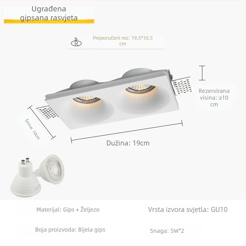 GU10 LED downlight od gipsa, ugrađen u plafon, 6-10W, 220V, trobojno dimmiranje (3000K/4000K/6000K), CRI ≥90, skrivena instalacija