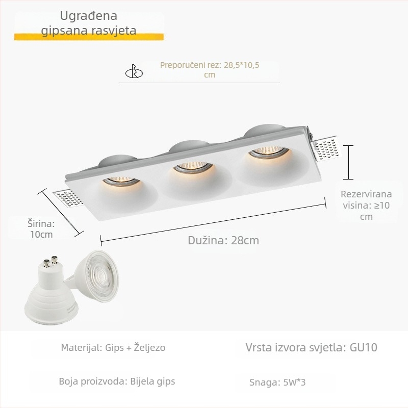 GU10 LED downlight od gipsa, ugrađen u plafon, 6-10W, 220V, trobojno dimmiranje (3000K/4000K/6000K), CRI ≥90, skrivena instalacija