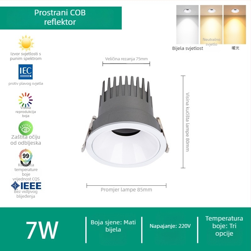 LED reflektor za kućnu upotrebu, ugradna stropna svjetiljka, 220V, Puri čip, aluminijsko kućište, upravljanje prekidačem