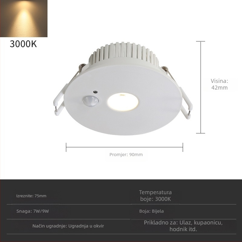 LED downlight s infracrvenim senzorom pokreta, ugrađen u strop, 85–265 V, 630–810 lm, 3000K/4000K/6000K