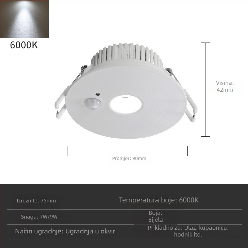 LED downlight s infracrvenim senzorom pokreta, ugrađen u strop, 85–265 V, 630–810 lm, 3000K/4000K/6000K