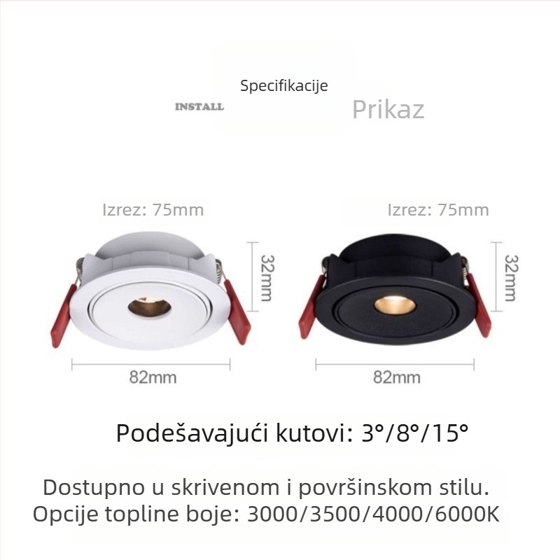 Ugradna COB spot svjetiljka 3W, ultra-tanki dizajn, zračni kutovi 3°/8°/15°, CRI ≥95, 220V