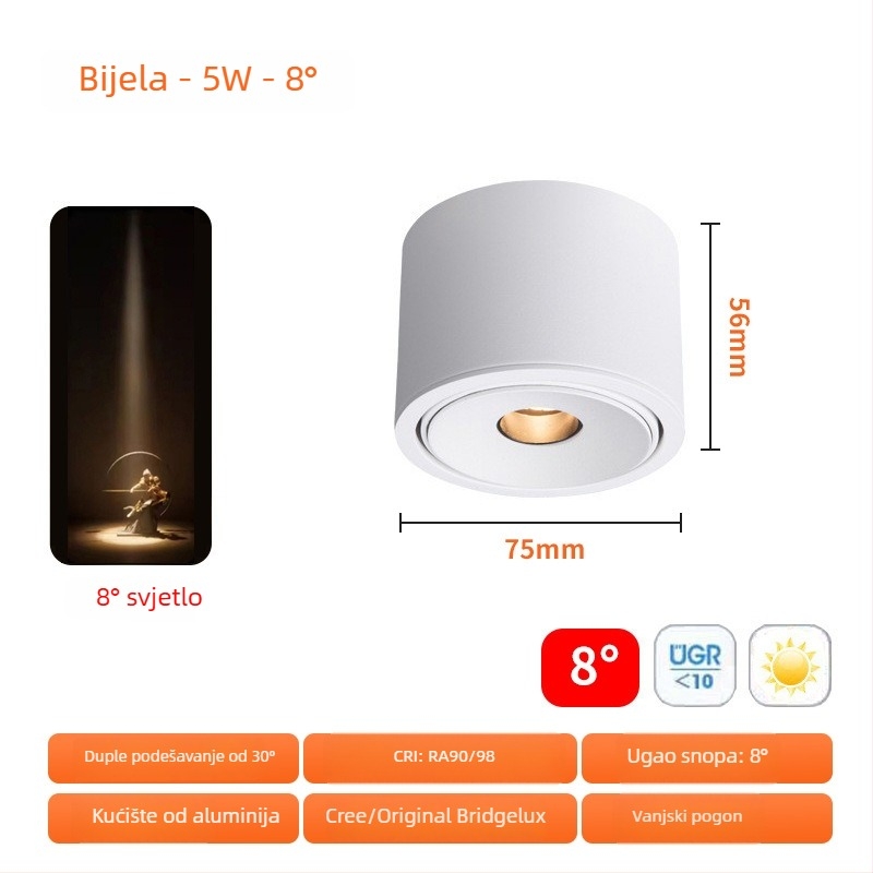 Ugradna COB spot svjetiljka 3W, ultra-tanki dizajn, zračni kutovi 3°/8°/15°, CRI ≥95, 220V