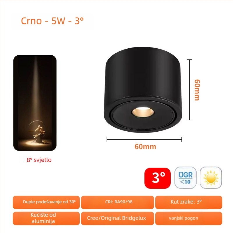 Ugradna COB spot svjetiljka 3W, ultra-tanki dizajn, zračni kutovi 3°/8°/15°, CRI ≥95, 220V