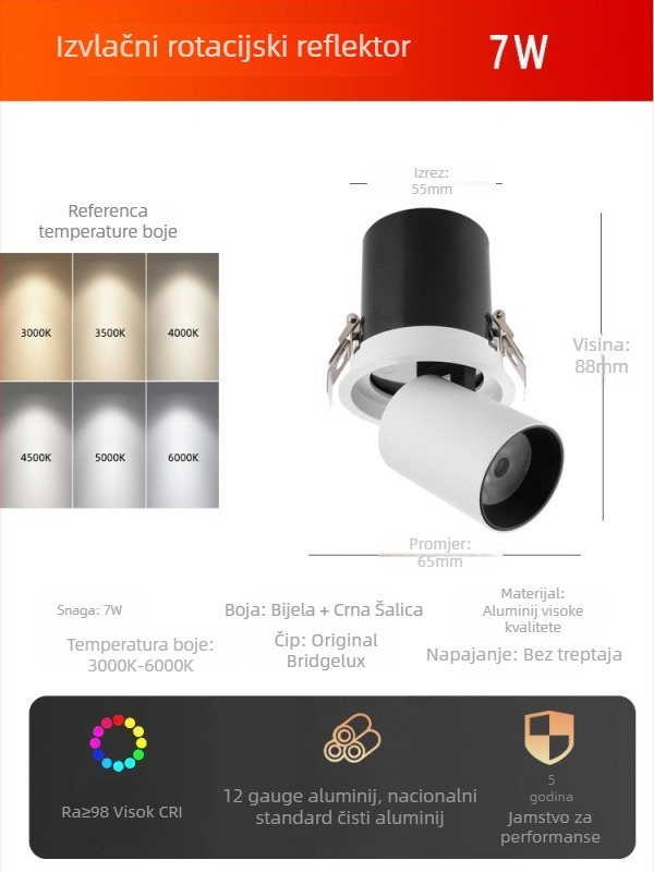 LED spot za strop, ugrađen, podesiv kut snopa, COB izvor svjetla, aluminijsko kućište, 220V, CRI ≥95
