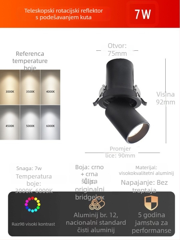 LED spot za strop, ugrađen, podesiv kut snopa, COB izvor svjetla, aluminijsko kućište, 220V, CRI ≥95