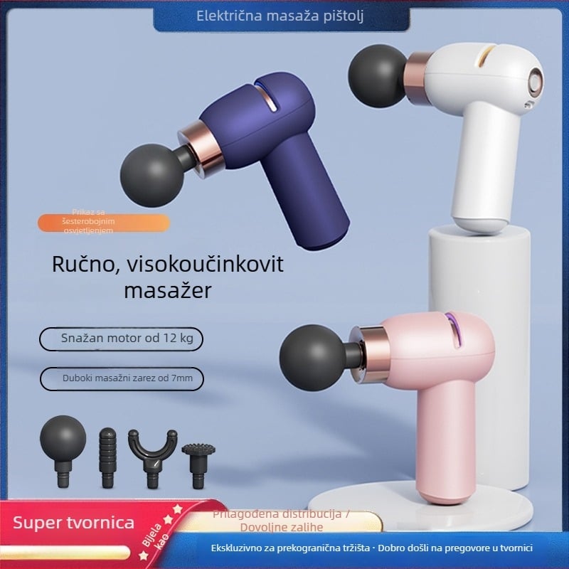 Mini masažer fascije za opuštanje mišića, s 4 glavе masiranja, ugrađena baterija 1000–1200 mAh, radno vrijeme 1–3 sata, buka ispod 36 dB, 5 brzina