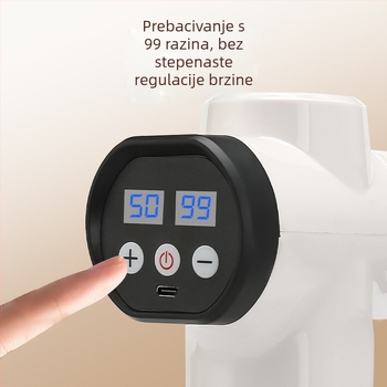 Masazni pištolj s 6+ glavama, 5 brzina, buka 36–45 dB, ugrađena baterija 1200–2000 mAh
