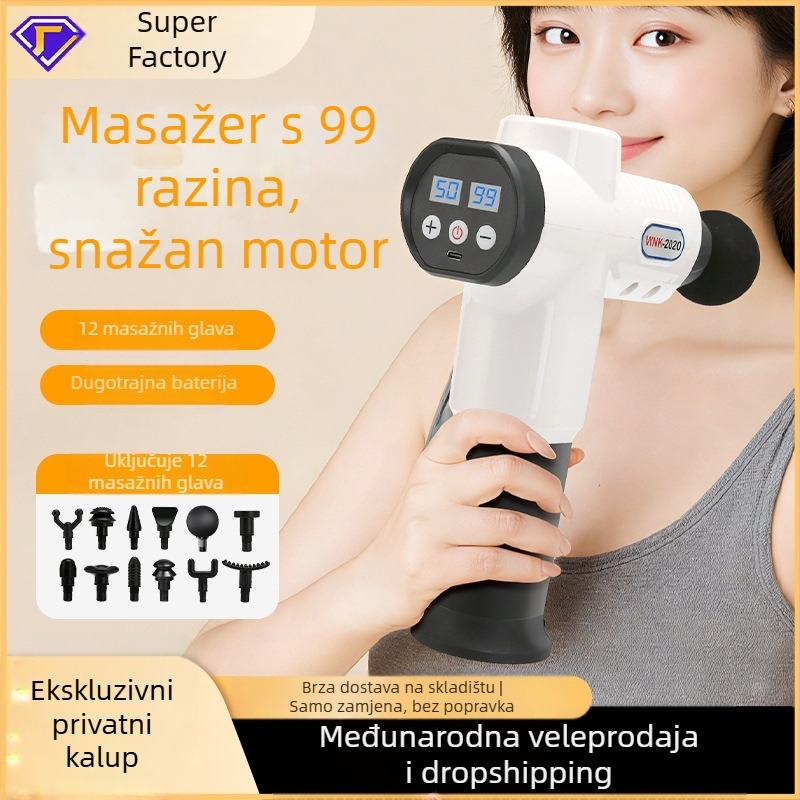 Masazni pištolj s 6+ glavama, 5 brzina, buka 36–45 dB, ugrađena baterija 1200–2000 mAh