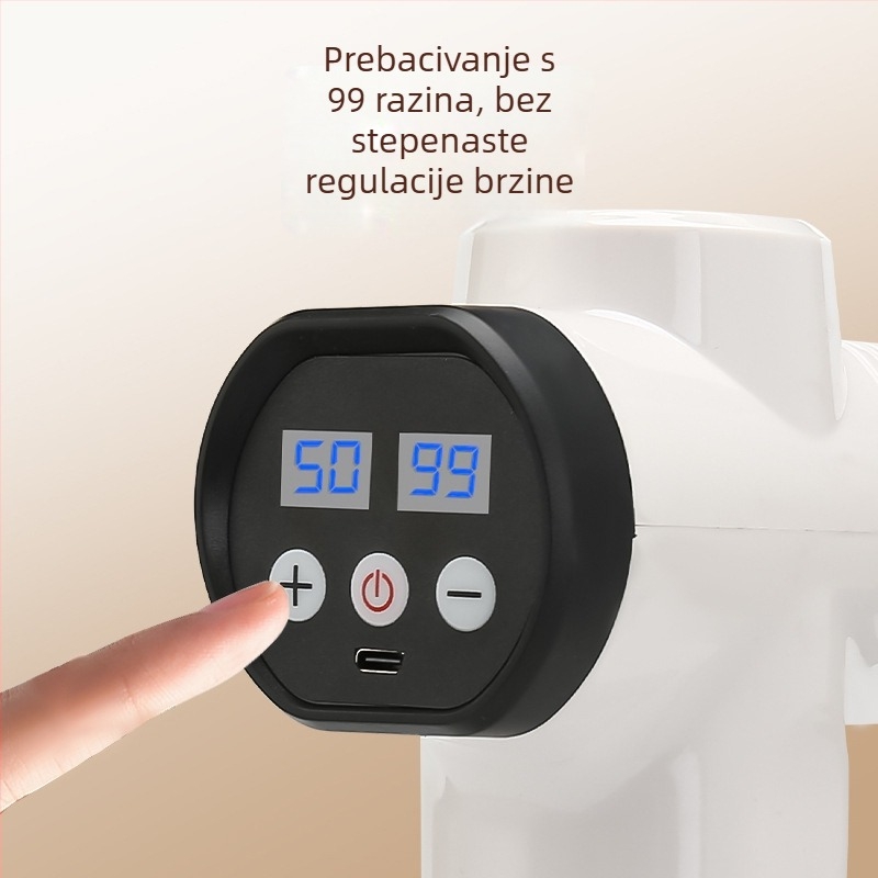 Masazni pištolj s 6+ glavama, 5 brzina, buka 36–45 dB, ugrađena baterija 1200–2000 mAh