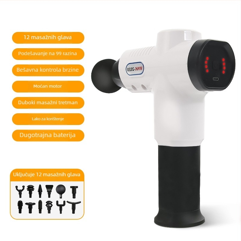 Masazni pištolj s 6+ glavama, 5 brzina, buka 36–45 dB, ugrađena baterija 1200–2000 mAh