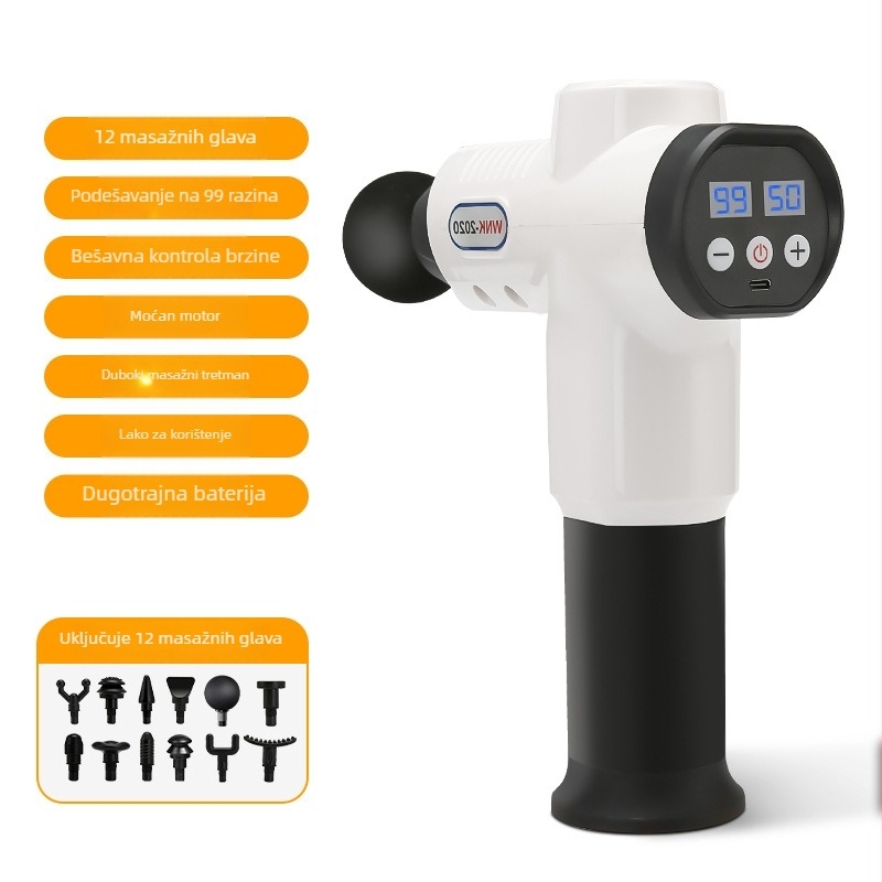 Masazni pištolj s 6+ glavama, 5 brzina, buka 36–45 dB, ugrađena baterija 1200–2000 mAh