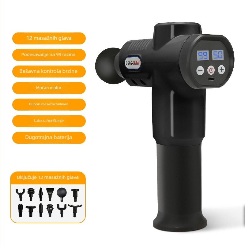 Masazni pištolj s 6+ glavama, 5 brzina, buka 36–45 dB, ugrađena baterija 1200–2000 mAh