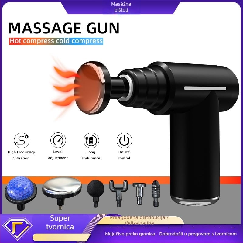 Masаža fascije: Višenamjenski mini prijenosni masažer s LCD, 6 nastavaka, ugrađena baterija 500–800 mAh, brushless motor, nizak šum, 5+ brzina