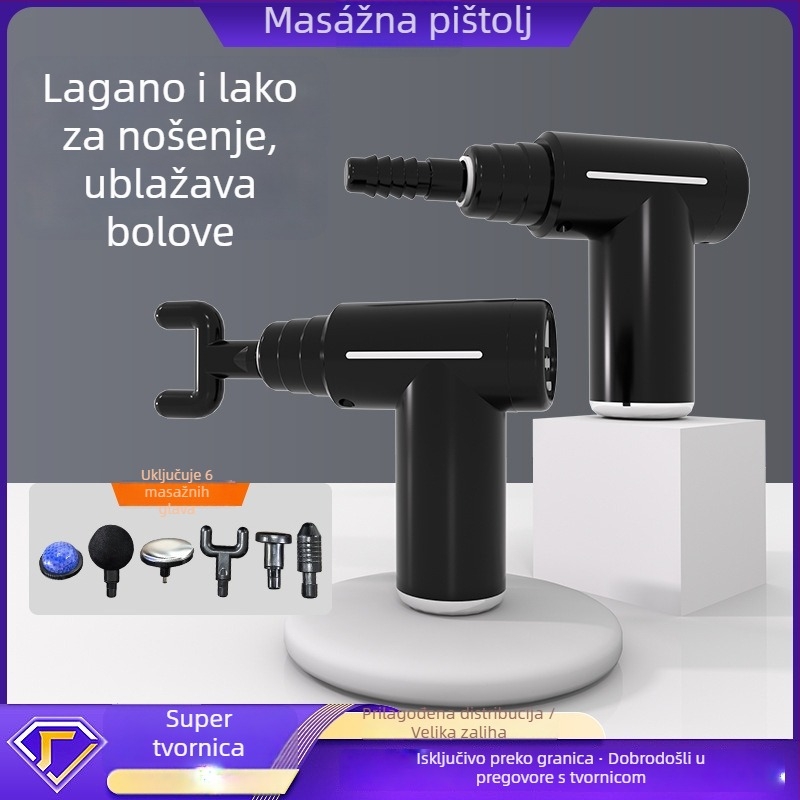 Masаža fascije: Višenamjenski mini prijenosni masažer s LCD, 6 nastavaka, ugrađena baterija 500–800 mAh, brushless motor, nizak šum, 5+ brzina