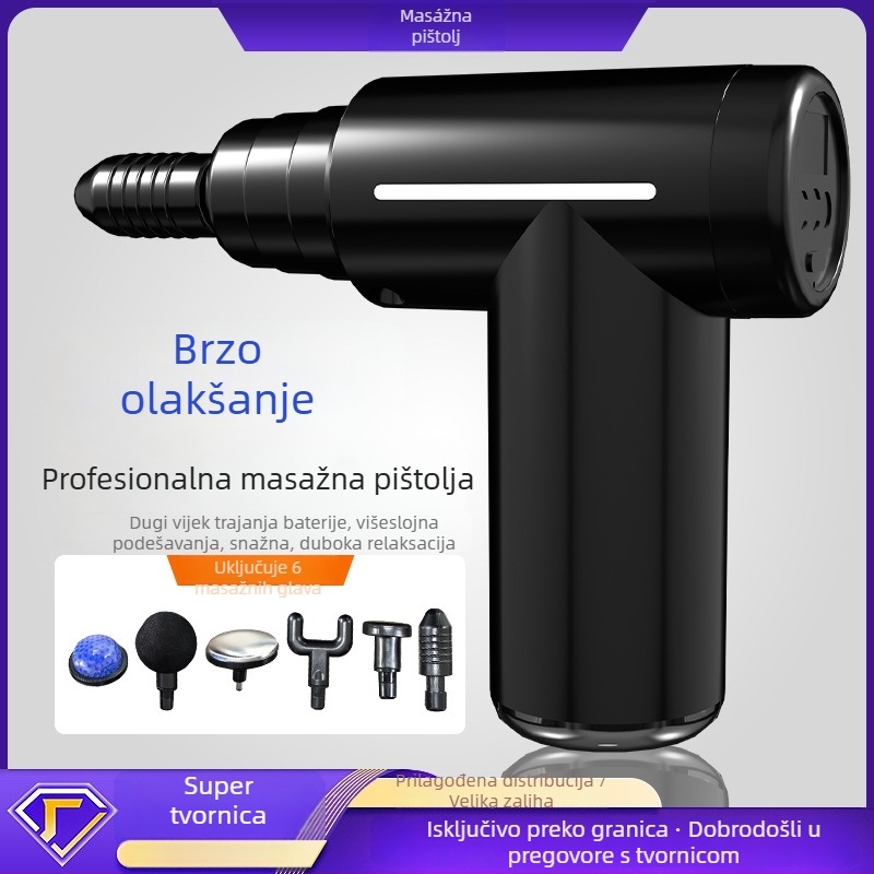 Masаža fascije: Višenamjenski mini prijenosni masažer s LCD, 6 nastavaka, ugrađena baterija 500–800 mAh, brushless motor, nizak šum, 5+ brzina