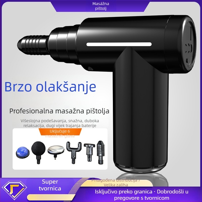 Masаža fascije: Višenamjenski mini prijenosni masažer s LCD, 6 nastavaka, ugrađena baterija 500–800 mAh, brushless motor, nizak šum, 5+ brzina