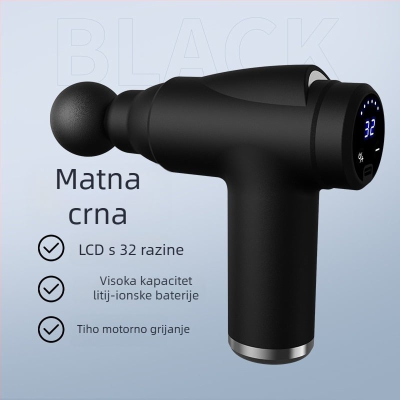 Massager za fasciju s kefnim motorom, LCD zaslon, 5+ brzina, 4 glave, autonomija 3–6 sati
