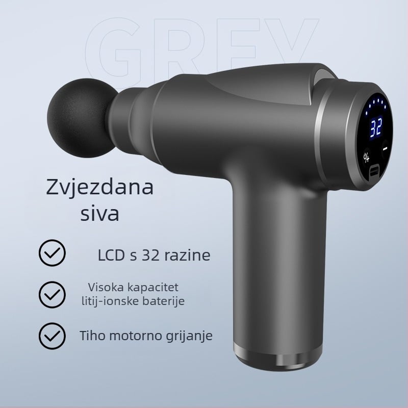 Massager za fasciju s kefnim motorom, LCD zaslon, 5+ brzina, 4 glave, autonomija 3–6 sati