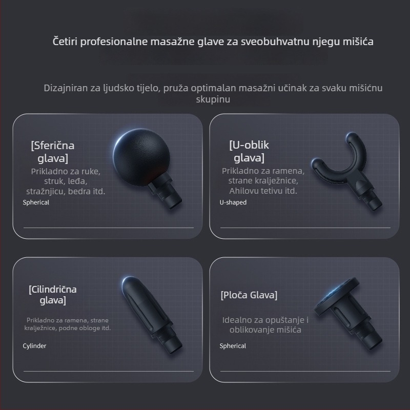 Mini fascia masažni uređaj za opuštanje mišića, 4 glave, LCD zaslon, 4 brzine, niska buka 36–45 dB, ugrađena baterija 1000–1200 mAh.