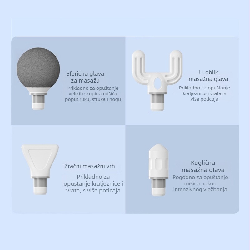 Fascia gun masažni uređaj – mini prijenosni, 4 glave (motor s četkicama; ugrađena baterija 1200-2000 mAh; autonomija >12h; buka 36-45 dB)