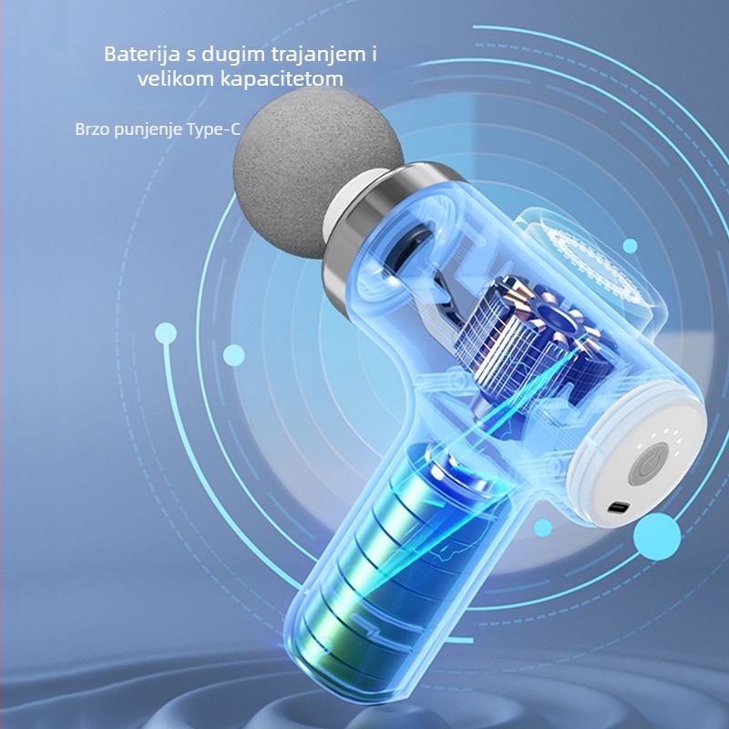 Fascia gun masažni uređaj – mini prijenosni, 4 glave (motor s četkicama; ugrađena baterija 1200-2000 mAh; autonomija >12h; buka 36-45 dB)