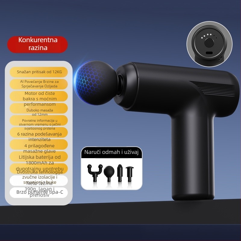 Fascia Gun: Mini prijenosni električni masažer mišića, 4 nastavka, 5+ brzina, ugrađena baterija 1000-1200 mAh, buka 46-70 dB