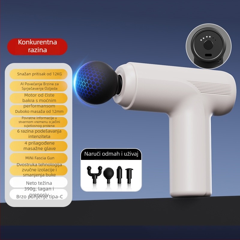 Fascia Gun: Mini prijenosni električni masažer mišića, 4 nastavka, 5+ brzina, ugrađena baterija 1000-1200 mAh, buka 46-70 dB
