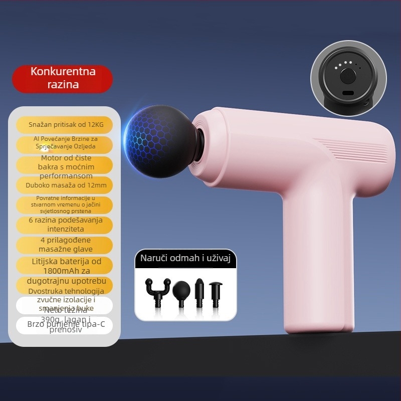 Fascia Gun: Mini prijenosni električni masažer mišića, 4 nastavka, 5+ brzina, ugrađena baterija 1000-1200 mAh, buka 46-70 dB